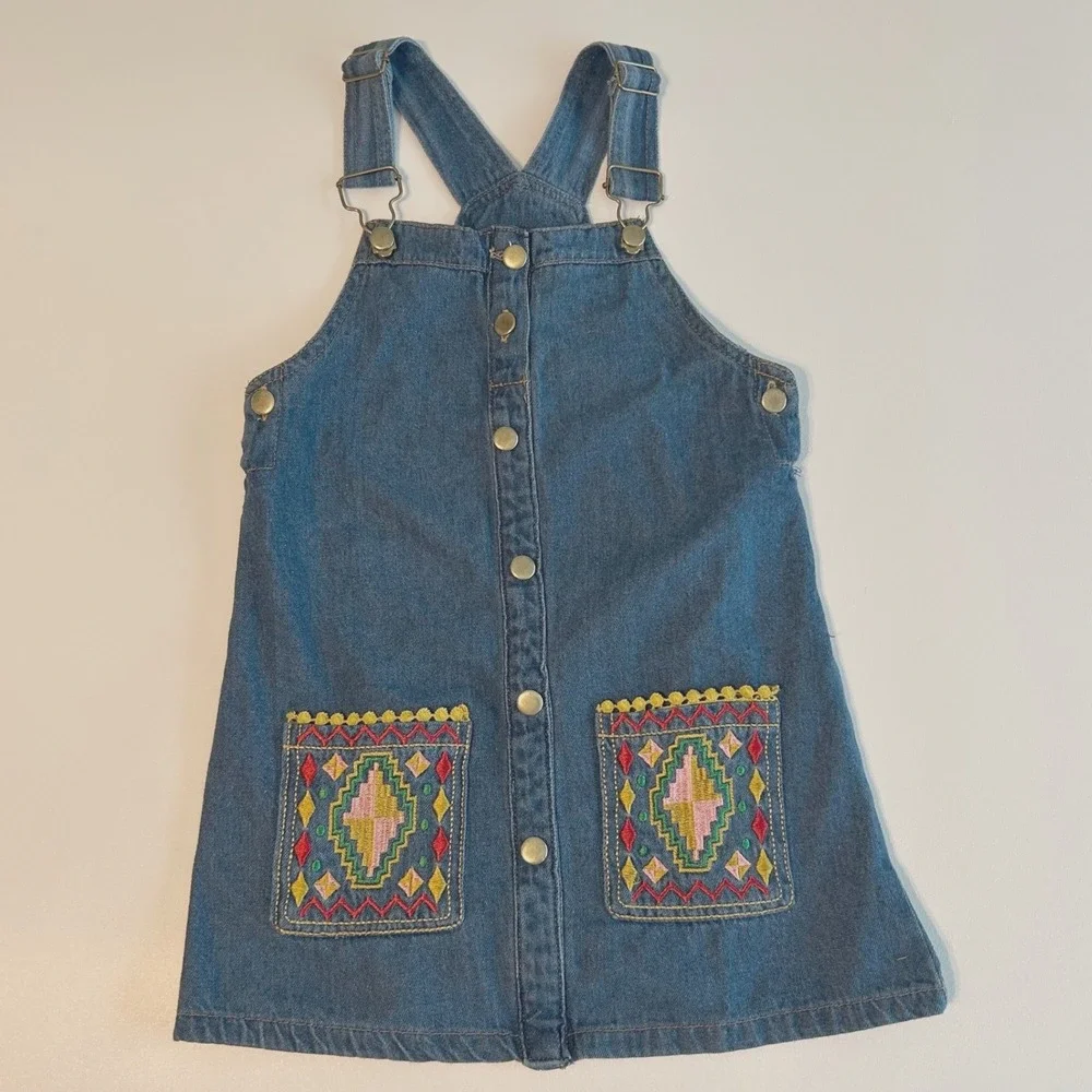 Little Lass Denim Jumper Dress Kids 6X‎ Blue Embroidered Pockets Boho